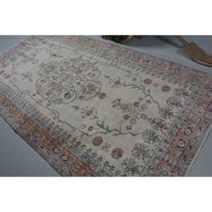 Classic Beige <b>Pink</b> Vintage Turkish Rug 5.4 X 10.2 ft <b>Wool</b> Patchwork Pattern for Teen Living Room Latex Rectangle Striped Hallway - Product Image 4