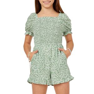 Mono de Manga Abullonada para Niñas, Diseño Floral Suave y Elástico, Ropa de Verano Elegante, Ajuste Cómodo, Atuendo Diario, Logotipo Personalizado Disponible - Product Image 1