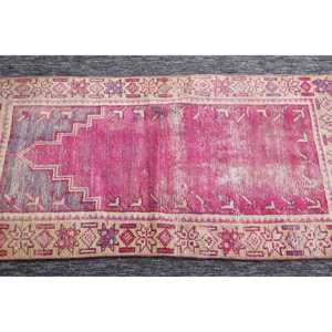 Vintage Turkish Small Rug 2x3.7 ft, Pink <b>Yellow</b> Geometric <b>Wool</b> Rug - Product Image 4