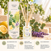 Diffuseur de parfum en bâtonnets à l'eucalyptus, citron et lavande, marque privée, 100 ml |   Parfum d'ambiance floral aux herbes |   Fabricant OEM Espagne