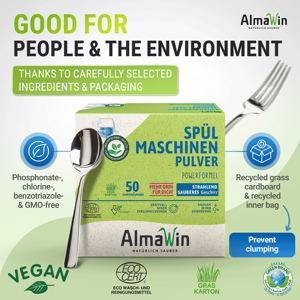 Detergente Vegano en Polvo para Lavavajillas AlmaWin Brand Highlight, 1.250 kg, 50 Aplicaciones, Sin Fragancia, 80% de Ingredientes Activos, Detergente Orgánico - Product Image 2