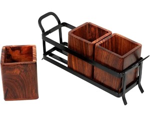 Soporte de madera rústico hecho a mano de un solo nivel, soporte de madera de mango de Acacia Natural, estante de almacenamiento de herramientas de cocina hecho en La India - Product Image 3