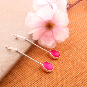 Women's Jewelry Silver <b>Earring</b> Hot pink Fuchsia Chalcedony Hanging Straight Stick Stud Drop Brass Silver Plated Ear <b>Post</b> Dangler - Product Image 4