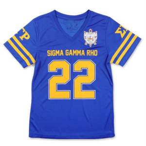 SGR Football Jersey Tee Royal 100% Polyester Sigma Gamma Rho T Shirt Printed Team Logo on Front & Back Sorority Apparel - Product Image 1