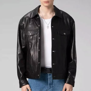 Chaqueta bomber con cierre abotonado de piel de cordero auténtica roja de camionero clásico para hombre - Product Image 5