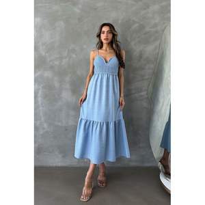 Vestido Casual Largo de Lino Azul con Tirantes y Cuello en V Topshow, Producto al por Mayor - Product Image 4