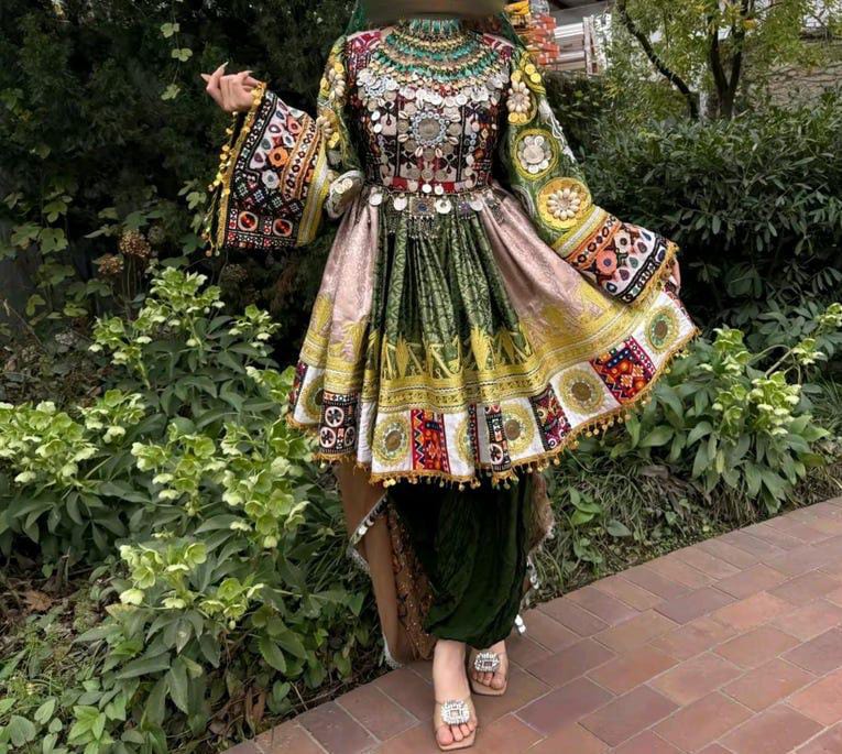 afghan dresses Afghan Kuchi party Traditional Three Antique pieces Dress with charma Dozi work