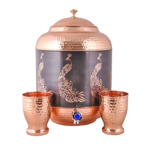 Distributeur d'eau en cuivre martelé de luxe antique avec support et ensemble de gobelets, pot à boisson 100% cuivre pur pour la santé ayurvédique - Product Image 5