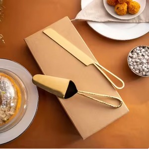 Brass cake server set gold woven <b>basket</b>-weave textured handle modern design cake knife - Product Image 2