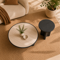 Ensemble de tables basses rondes modernes et écologiques avec base en bois sculpté noir pour salon