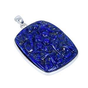 925 plata esterlina cuadrado flor tallada lapislázuli colgante bisel conjunto chapado en oro - Product Image 1