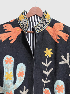 Veste à col mandarin brodée à la main avec motif cactus, manches longues, coupe ample, vêtements de printemps pour adultes, coton, taille plus pour femmes - Product Image 6