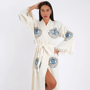 Attractive Summer Vintage Midi Cotton Kimono Bohemian Evil Eye Long Sleeve <b>Cardigan</b> <b>Women</b> Lady Elegant <b>Oversize</b> Beach Cover up - Product Image 1
