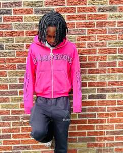 Streetwear Vintage Stone Washed Oversized Boxy <b>Cropped</b> Embroidered <b>Zip</b> <b>up</b> Studded Rhinestone Hoodie With Pockets - Product Image 1