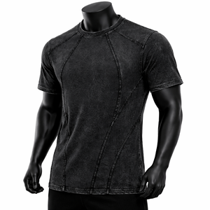 Camiseta de hombre personalizada vintage con paneles y costuras, estilo ringer, de tejido grueso, corte y confección, streetwear, lavado ácido, manga corta - Product Image 3