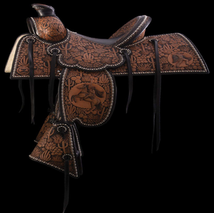 Silla occidental de cuero mecanizada a mano con una manta tejida, plateados y estribos ornamentados Conchos, disponible a precios al por mayor. - Product Image 4