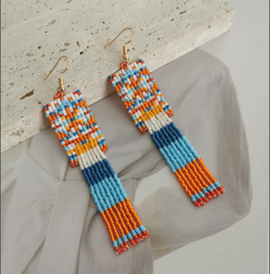 Long Statement <b>Dangle</b> <b>Earrings</b>, Handmade Rectangular Beadwork <b>Earrings</b> Fringe Tassel <b>Earrings</b> - <b>Gold</b> - Long - Product Image 1