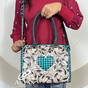New Hand Tooled Genuine Leather Speedy Duffle <b>Bag</b> with Turquoise Checkered Heart Design Western Floral Cowhide Handbag for Women - Product Image 1