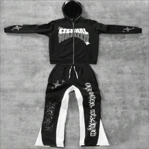 Ensemble de survêtements respirants 2 pièces personnalisés pour hommes et femmes, sweat à capuche délavé au soleil, pantalons de survêtement, sérigraphie en strass, poids lourd solide - Product Image 1