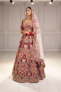 Bridal 2024 Wedding Maroon Silk <b>Blouse</b> Lehenga Dupatta Dress Embellished Colorful Crystal Glass Beadsstone Dabka Work for Adults - Product Image 2