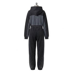 Custom Women Black <b>Cropped</b> Zip Up Hoodie Wide Leg <b>Jogger</b> Set Cotton Fleece Rhinestone Streetwear Tracksuit OEM - Product Image 4