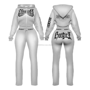 Conjunto de Sudadera y Pantalones Deportivos con Estampado de Apliques Personalizados, Lavado Ácido, con Cremallera, Pantalones Capri, Conjunto Deportivo Rosa - Product Image 3