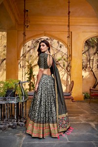 Collection de Lehenga Choli en soie Tussar de qualité supérieure avec des bordures fantaisie pour les fêtes d'hiver et les occasions vintage - Product Image 3