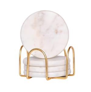 Posavasos redondos de mármol blanco, Juego de 4 con soporte exportador, posavasos de vino para Barra para mesa, juego de posavasos de piedra de mármol hecho a mano Vintage - Product Image 1