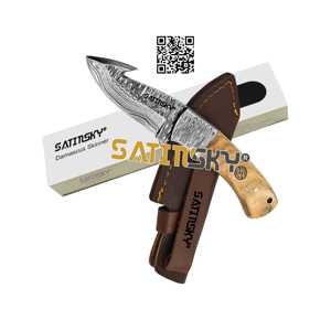 Couteau de poche damas en manche en bois avec gaine en cuir de 6 "cadeau de chasse manuel à haute teneur en carbone 1095 + 15N20 - Product Image 2