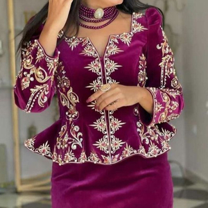 NEW--TRENDY ZARI BRODERIE SUR VESTE AVEC ROBE JUPE COURTE AVEC Agrémentée DE PERLES DE VERRE EN CRISTAL, PIERRE, DABKA WORK @ 2023 - Product Image 1