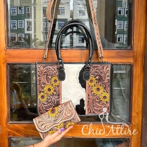Western Real Hair on Hand Tooled cuero mujer girasol bolso de mano elegante tallado a mano cuero Floral vaquera cartera Combo Set - Product Image 1