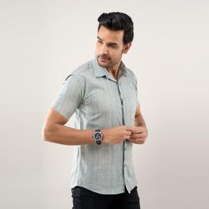 Chemise décontractée bleu grisâtre pour homme, col mandarin, 100 % coton, tissu popeline respirant, coupe classique, pour le bureau, saison estivale - Product Image 4