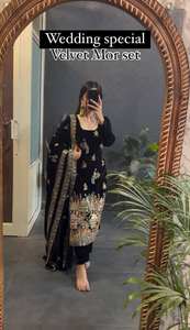 Heavy Viscose Velvet Dupatta Embroidered <b>Sequin</b> Work Solid Sweet Knee-Length Vintage <b>Top</b> Bottom Straight Silhouette Winter - Product Image 2