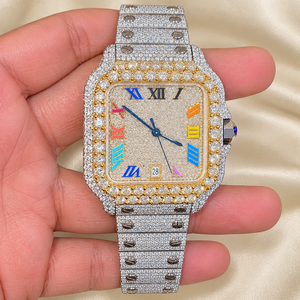 Montre mécanique de luxe carrée à quartz Raj Gems, bracelet en acier inoxydable, verre saphir, lunette en moissanite, cadran analogique, date, unisexe - Product Image 6