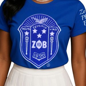 Zeta SHIELD chenille เสื้อยืดสีฟ้ากับสีขาวปักตราเสื้อสโมสรผ้าฝ้ายปักลายชีวิตชาวกรีกของผู้หญิง - Product Image 6