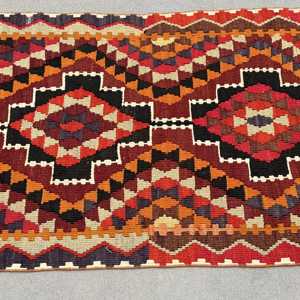 Vintage 2.7x11.5 ft Rug, Kilim Turkish Rug, <b>Red</b> Floral Rug <b>Wool</b> - Product Image 3