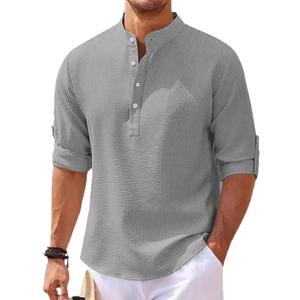 Polo de manga media para hombre de verano Waffle Casual suelto cuello alto botón Polo traje para hombre - Product Image 1