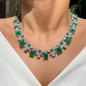 Luxury Emerald Green Onyx Necklace Statement CZ Indian Bridal Jewelry Designer Cubic Zirconia Wedding Gift White Rhodium Plated - Product Image 4