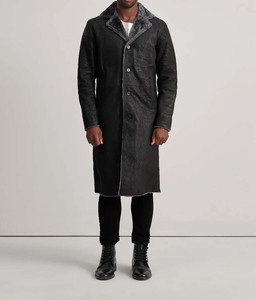 Durable <b>Men's</b> Leather Shearling Coat with Stand Collar Front Logo Full Sleeve Regular Length Waterproof Breathable Winter Jacket - Product Image 3