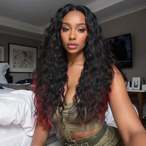 DWY Bold and Beautiful <b>Short</b> Curly <b>Wig</b> for Black Women Black and Red with Transparent Lace Fiber Synthetic 24-30 Inches - Product Image 1