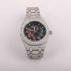 Lujoso estilo Moissanite diamante ajuste reloj esqueleto negro Dial fecha función Iced cuarzo movimiento HipHop para hombres y mujeres - Product Image 1