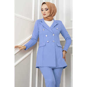 Baby Blue Handkerchief Collar Detail Hijab Set with <b>Button</b> Decoration - Product Image 2