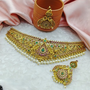 Collier en or de temple traditionnel Ensemble de bijoux de temple plaqué or Ensemble de collier et de boucles d'oreilles Anniversaire de mariage - Product Image 1