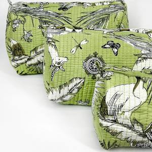 Ensemble de pochettes en coton matelassé vintage écologiques faites à la main fermeture à glissière vert imprimé jungle tropicale résistant à l'eau stockage de maquillage - Product Image 2