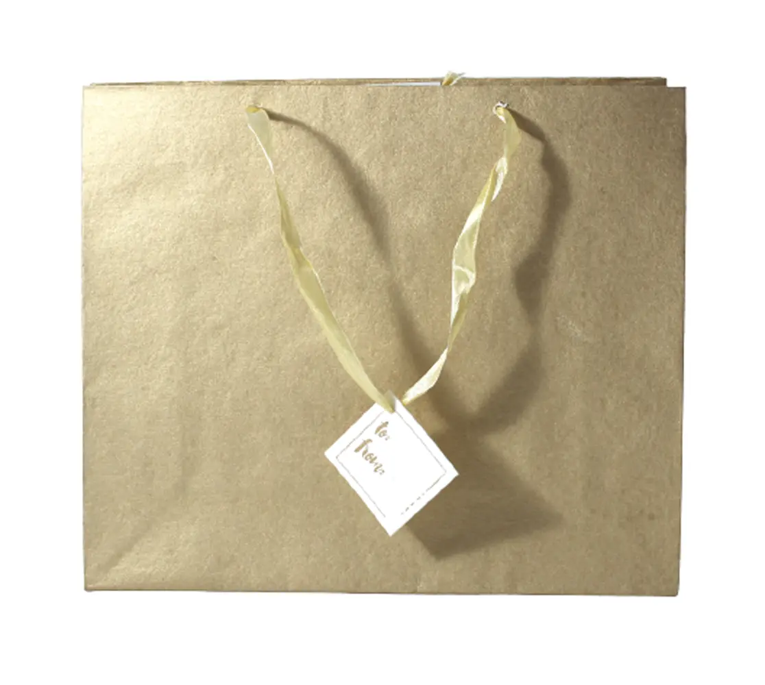 Wholesale Handmade Recycled Cotton Paper Metallic Golden Base With Matching Satin Ribbon Handles Matching Tag Gift Bag