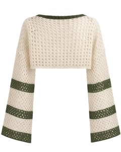 Suéter Corto de Punto Blanco para Mujer, Diseño de Estrellas, Tejido Abierto, Manga Acampanada, Detalle a Rayas, Ligero, Estilo Urbano - Product Image 2