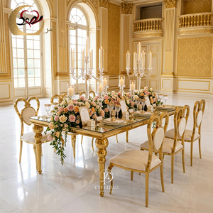 Ensemble de table à manger en métal doré de style français, plateau recouvert de MDF, rectangulaire, 8 places, design moderne, personnalisé, non pliable, pour salle à manger - Product Image 1