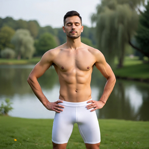 กางเกงขาสั้นรัดกล้ามเนื้อสำหรับเล่นโยคะสำหรับผู้ชายผ้าโพลีเอสเตอร์สีพื้นกันน้ำวิ่งกลางแจ้งวิ่งเร็ว100% เป็นมิตรกับสิ่งแวดล้อม - Product Image 4