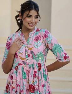 เดรสผ้าฝ้ายพิมพ์ลายดอกไม้ทำมือสไตล์อินเดียชุดฤดูร้อนทันสมัยสำหรับงานแต่งงานแบบลำลองกระดุมเป็นมิตรต่อสิ่งแวดล้อม - Product Image 5