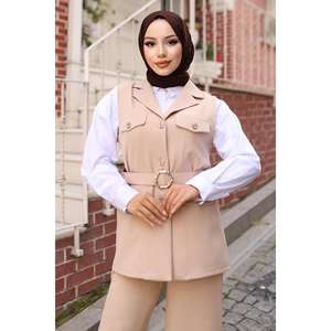 Conjunto Casual Beige de Chaleco Largo Detallado con Bolsillos y Pantalones Cortos de Verano MSW19249-5 de 2 Piezas: Top de Longitud Media y Pantalones Cortos hasta la Rodilla - Product Image 2